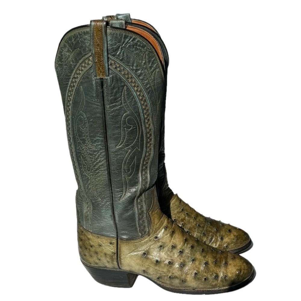 Lucchese Two-Tone Green Ostrich Heeled Cowboy Boots - Picture 5 of 14